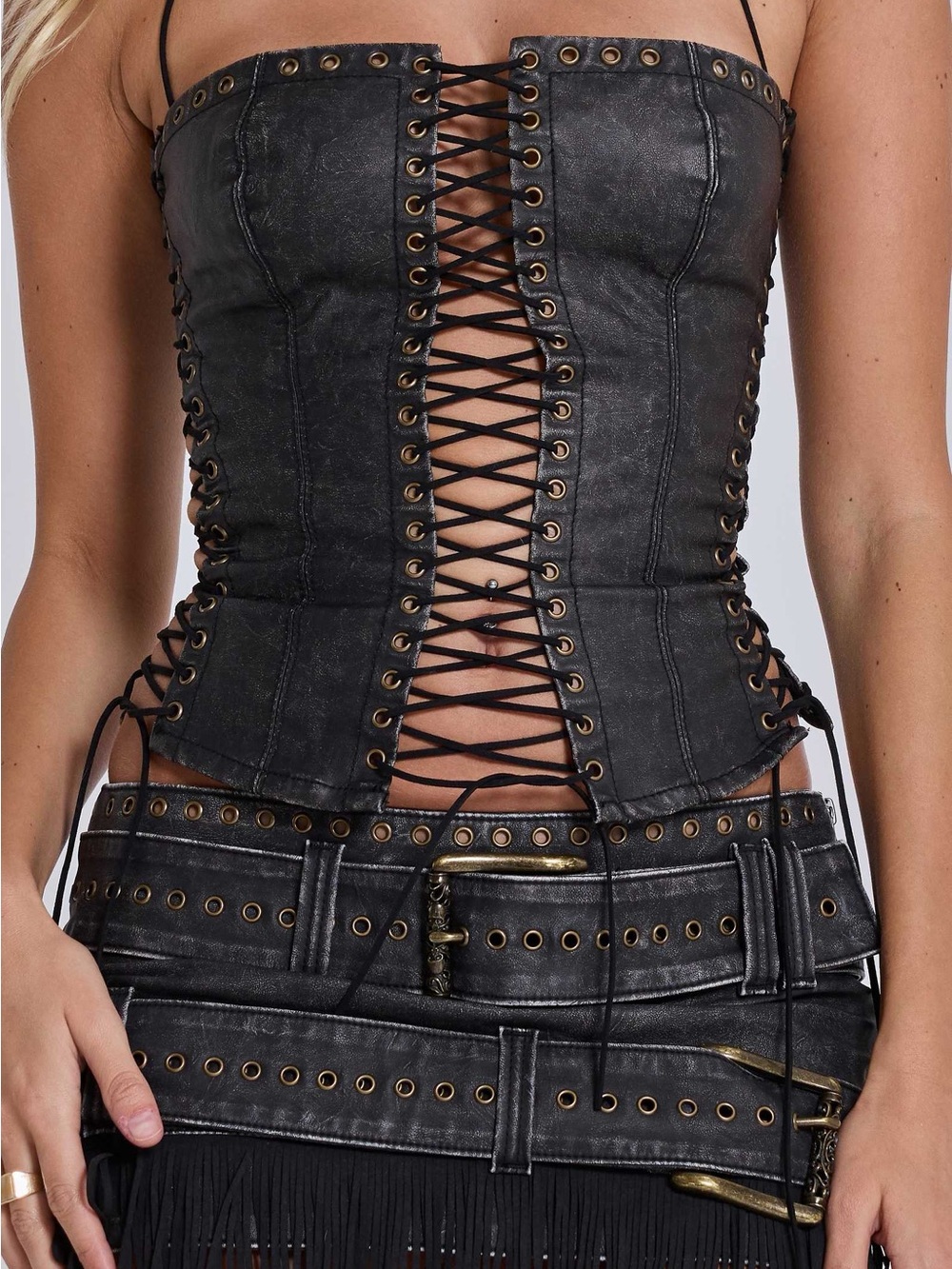 JADED LONDON Odile Black Faux Leather Lace Up Corset & Mini Skirt Matching Set - Picture 8 of 11